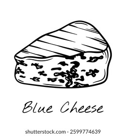 Hand-drawn black and white vector illustration of a wedge of blue cheese with mold veins. Vintage engraving-style, perfect for food packaging, restaurant menus, and dairy product branding.