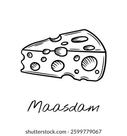 Hand-drawn black and white vector illustration of a wedge of Maasdam cheese with characteristic holes. Vintage engraving-style, perfect for food packaging, restaurant menus, and dairy product branding
