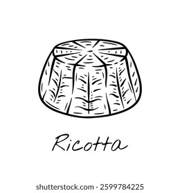 Hand-drawn black and white vector illustration of a ricotta cheese wheel with a textured surface. Vintage engraving-style, perfect for food packaging, restaurant menus, and dairy product branding.