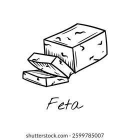 Hand-drawn black and white vector illustration of a block of feta cheese with crumbly texture. Vintage engraving-style, perfect for food packaging, restaurant menus, and dairy product branding