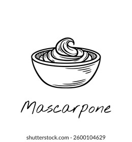 Hand-drawn black and white vector illustration of mascarpone cheese in a bowl. Vintage engraving-style, perfect for food packaging, restaurant menus, and dairy product branding.