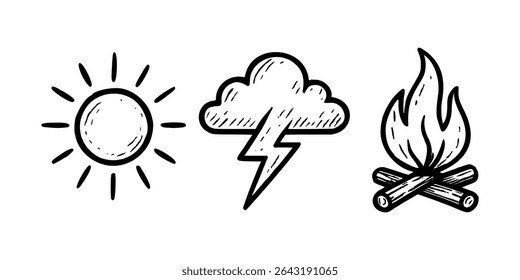 Hand-drawn black and white vector illustration featuring three minimal weather and outdoor icons: a stylized sun with radiant rays, a cloud emitting a sharp lightning bolt, and a rustic campfire 