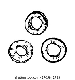 Hand-drawn black and white vector illustration of sliced olives in ring form. Great for Mediterranean food graphics, pizza toppings, salads, sandwiches and recipe compositions.