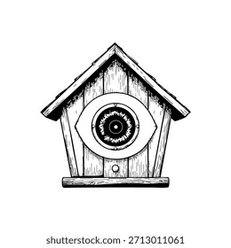 Ilustración vectorial en blanco y negro dibujada a mano de una casa de pájaros de madera: diseño rústico de la naturaleza y obras de arte vintage de decoración al aire libre