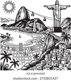 Hand-drawn black and white vector illustration of Rio de Janeiro, Brazil. Featuring Christ the Redeemer, Sugarloaf Mountain with cable cars, Guanabara Bay, and local favela architecture in a detailed woodcut or ink sketch style