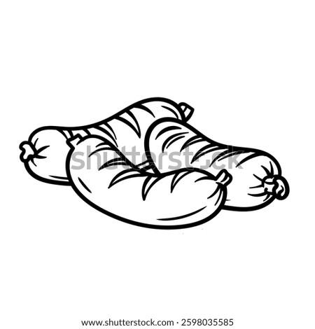 Hand-drawn black and white vector illustration of grilled sausages. The vintage engraving-style sketch, juicy sausages, deal for BBQ restaurant branding, beer snack menus, and culinary illustrations