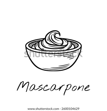 Hand-drawn black and white vector illustration of mascarpone cheese in a bowl. Vintage engraving-style, perfect for food packaging, restaurant menus, and dairy product branding.