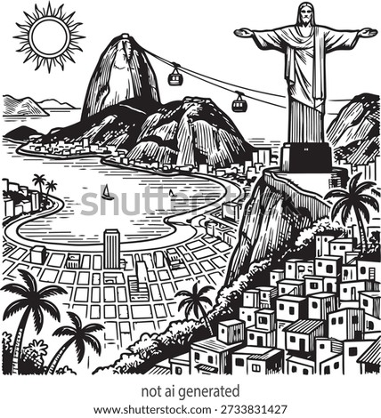 Hand-drawn black and white vector illustration of Rio de Janeiro, Brazil. Featuring Christ the Redeemer, Sugarloaf Mountain with cable cars, Guanabara Bay, and local favela architecture in a detailed woodcut or ink sketch style