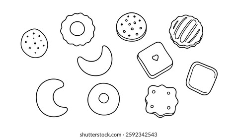 Hand-Drawn Black and White Vector Set of Assorted Cookies and Biscuits for Bakery and Dessert Illustrations