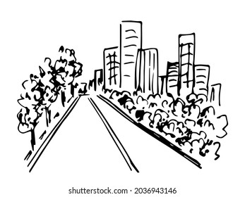 Hand-drawn black and white vector sketch. City center, avenue, alley, tall buildings, road. City landscape, simple drawing.