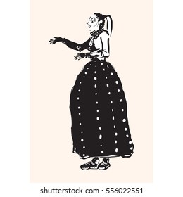 Hand-drawn black and white vector sketch of a funny smiling girl showing something.