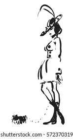 Hand-drawn black and white vector sketch of a fashionable woman with a small dog on a leash.