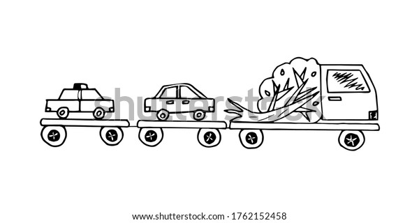 A hand-drawn black and white\
vector truck with a platform trailer loaded with a tree and\
transporting a passenger car and a police саr on open\
platforms.