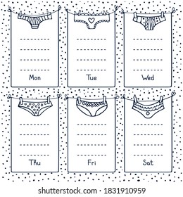 Hand-drawn black and white weekly planner with different underwear. Cute doodle stationery organizer and schedule for daily plans, diary, schedules. Bullet journal style. 