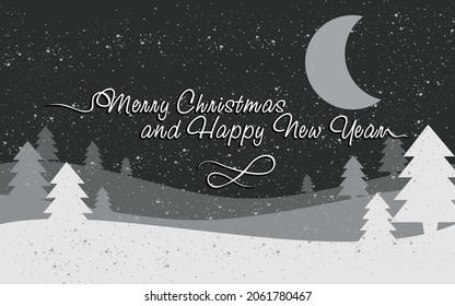 hand-drawn black and white winter forest landscape with congratulations. trees and snow. christmas, new year. banner, poster, discounts, cool, gesture, postcard, print