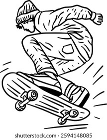 Hand-Drawn Black and White Young Man Performing Skateboard Tricks Extreme Sport Doodle Illustration