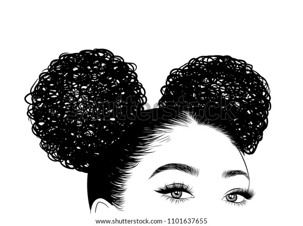 Handdrawn Black Woman Curly Double Bun Stock Vector (Royalty Free