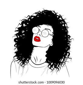Hand-drawn black woman with curly luxurious hair and red lipstick.Girl with perfectly shaped eyebrows and full lashes. Idea for business visit card, typography vector.Perfect salon look.