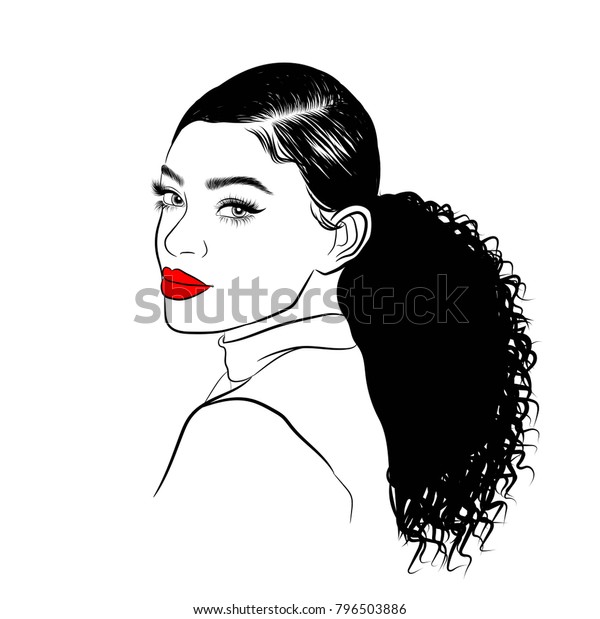 Handdrawn Black Woman Curly Ponytail Luxurious Stock Vector (Royalty