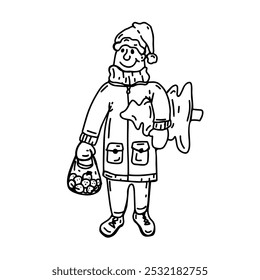 A hand-drawn black-and-white illustration of a person in winter clothing carrying a Christmas tree and ornaments, perfect for capturing the festive holiday spirit in a cute, minimalist style.