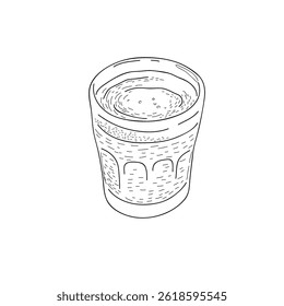 A hand-drawn black-and-white line art illustration of a classic glass filled with coffee, tea, or milk-based beverage. The traditional tumbler features a slightly rounded shape with textured detailing