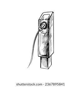 Hand-drawn black-and-white sketch of car charger. Realistic electromobile charging station. Alternative fuel. Doodle vector illustration. Vintage.