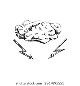 Handgezeichnete schwarz-weiße Skizze der Wolke mit Blitz auf weißem Hintergrund. Ökokonzept.