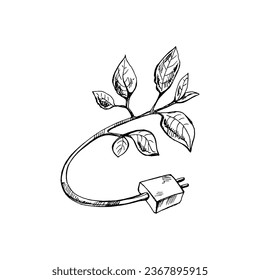 Esbozo en blanco y negro dibujado a mano de un entorno de tapón de hojas. Concepto de energía ecológica. Entorno de tapón de hoja. Ilustración del vector Doodle. Vintage.