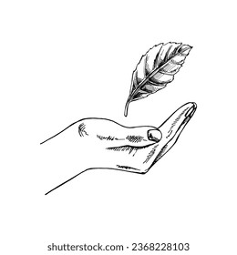 Hand-drawn black-and-white sketch of plant leaf in empty open hand. Eco, ecology care, saving the nature. Doodle vector illustration. Vintage.