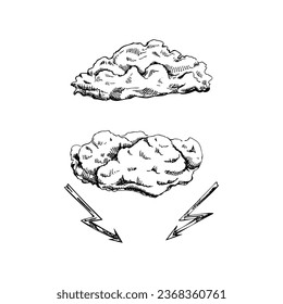 Esbozos dibujados a mano en blanco y negro de nubes y nubes con relámpagos sobre fondo blanco. Concepto ecológico.