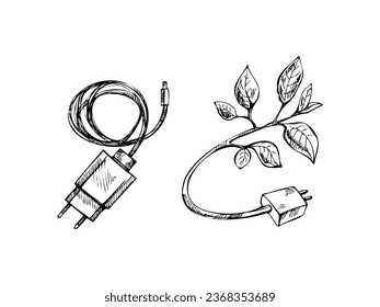 Hand-drawn black-and-white sketches of micro usb charger for smartphone  and leaf plug environment. Eco energy concept. Leaf Plug Environment. Doodle vector illustration. Vintage.