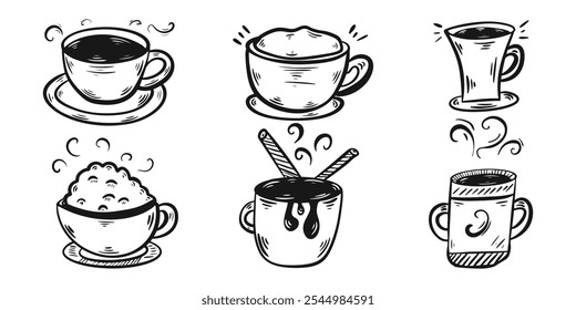 Hand-drawn, black-and-white sketch-style Christmas illustration of six warm holiday drinks in festive mugs, featuring details like whipped cream, cinnamon sticks for cozy feel.