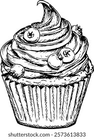 Hand-drawn black-and-white vector illustration of a cupcake with fresh berries. Perfect for bakery branding, dessert menus, Valentine-themed card, festive packaging, creative culinary, romantic design