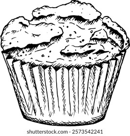 Ilustração de vetor preto-e-branco desenhada à mão de um muffin com textura detalhada. Perfeito para padaria, marca de pastelaria, menus de sobremesa, embalagem, projetos culinários e decorações festivas