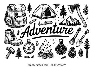 Hand-drawn black-and-white vector illustration of outdoor adventure essentials-backpack, boots, campfire, axe, mountain, compass, and forest icons-arranged around the word Adventure