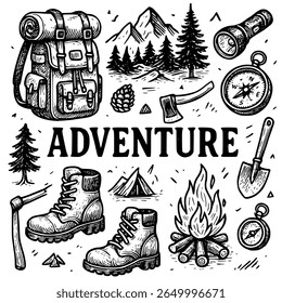 ilustração de vetor preto-e-branco desenhado à mão de aventura ao ar livre essencial mochila, botas, fogueira, machado, montanha, bússola e ícones da floresta-organizado em torno da palavra Aventura