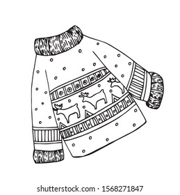 Hand-drawn black-white vector illustration of a warm winter sweater, with ornament, deer.