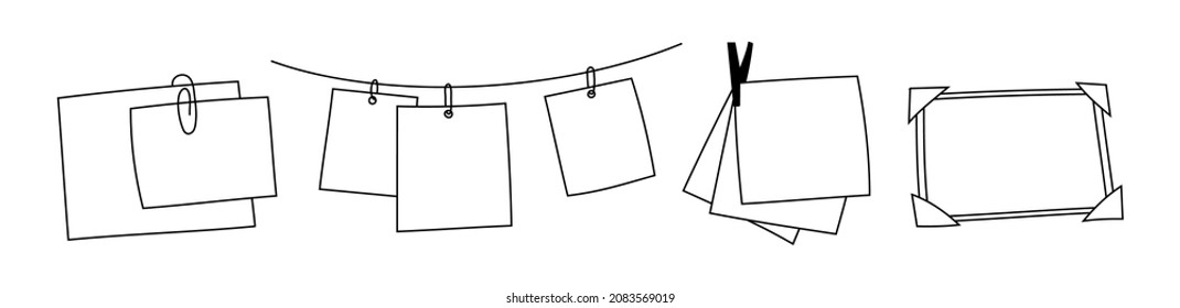 Hand-drawn blank photographs. Doodle square and rectangular paper sheets. A stack of pinned memos. Empty frame in photo corner holders. Vector illustration.