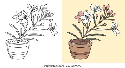 Hand-Drawn Blooming Flower in Pot Displayed in Two Art Styles