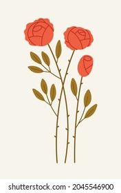 Hand-drawn blooming red roses. Concept of spring botanical, flowers, greeting card, gardening, spring. Vector colorful illustration isolated on beige background.