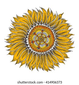 Hand-drawn blooming sunflower with ethnic floral doodle pattern. Coloring page - zendala, design for meditation for adults, vector illustration, isolated on a white background. Zen doodles.