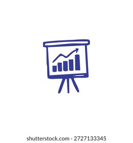 Um gráfico de barras azul desenhado à mão e um gráfico de linhas em uma placa de apresentação simbolizam o crescimento da empresa e a análise de dados.