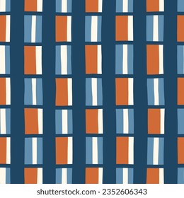 Hand-Drawn Blue, Brown and Cream Geometric Stripes on Stripes Vector Seamless Pattern. Modern Retro Palyful Print. Organic Square Shapes