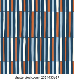 Hand-Drawn Blue, Brown and White Geometric Stripes Vector Seamless Pattern. Modern Retro Palyful Print. Organic Square Shapes