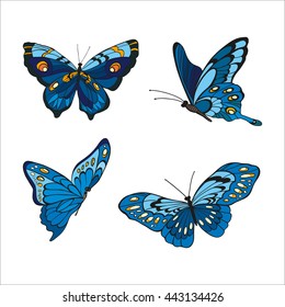Hand-drawn blue butterflies on white background. Vector illustration 