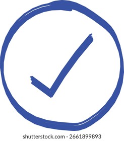 Handgezeichnetes blaues Häkchen innerhalb eines Kreises, skizzierter Stil, ideal für Genehmigung, Benutzeroberfläche und Symbole, Website-Design, Logo, App.