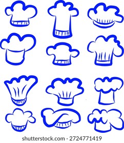 Ícone de chapéu de chef azul desenhado à mão definido em estilo doodle, ilustrações de toque de cozinha de arte de linha simples, símbolos de cozinha mínimos isolados em branco.