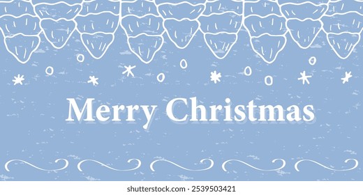 A hand-drawn blue Christmas banner with Christmas trees, snowflakes and texture. banner, web banner, postcard, invitation. vector illustration