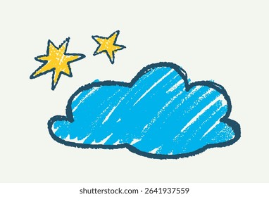 Hand-drawn blue cloud with two yellow stars in crayon sketch style on a light plain background. Concept of night sky, dreams, and imagination. Vector illustration