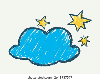 Hand-drawn blue cloud with yellow stars in crayon scribble style on light background, representing dreamy or night sky concept. Vector illustration